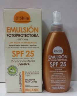 D’Shila Emulsión Fotoprotectora Spray SPF25, 200ml. Especial pieles delicadas y reactivas.